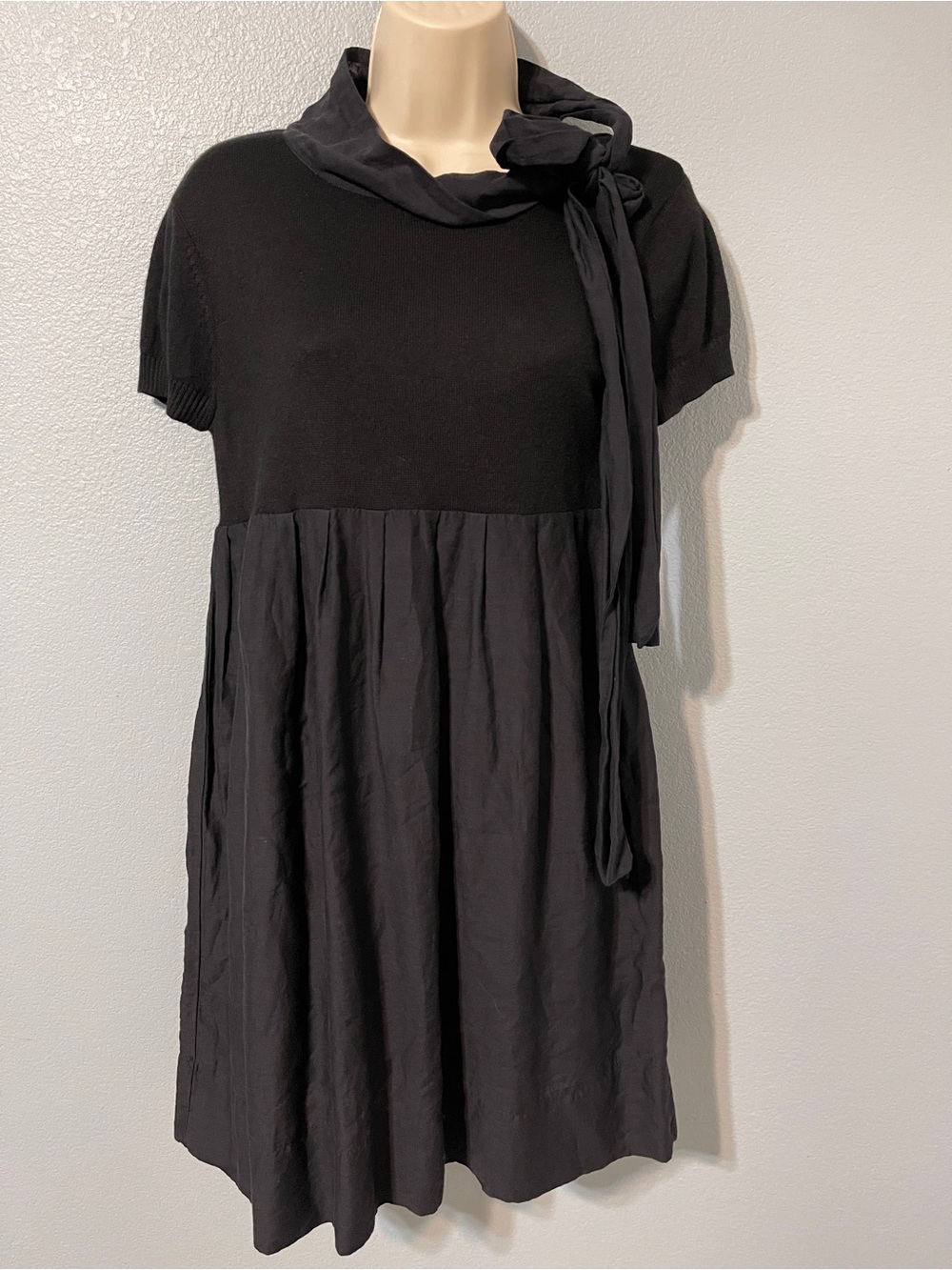 Manoush Paris Black Cashmere Silk Dress Tie Neck Short Sleeve Babydoll Medium